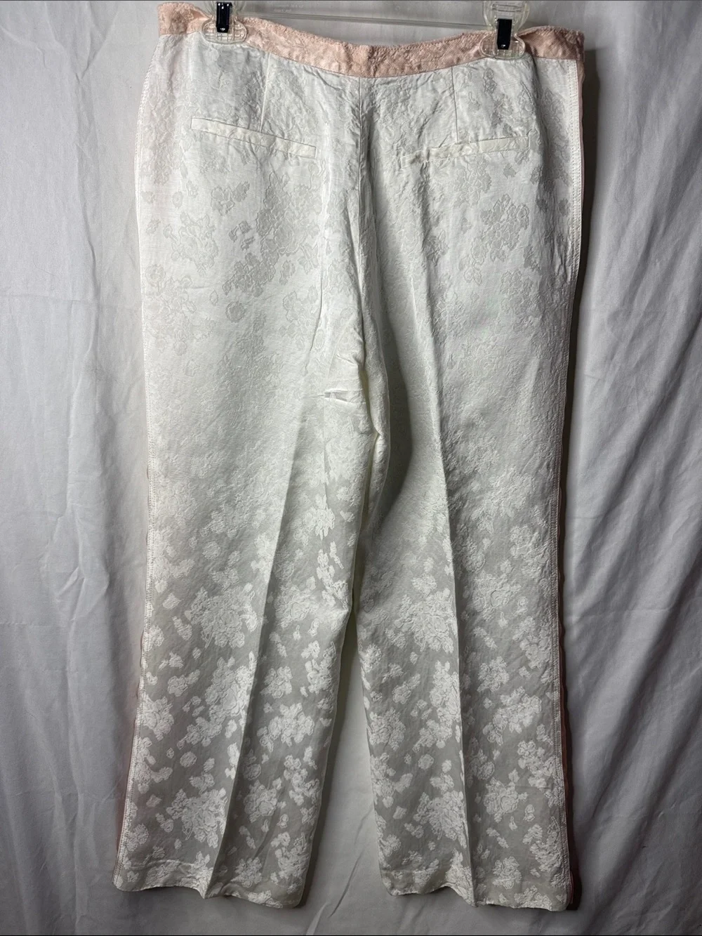 Zara Sage Green, Pink & White Jacquard Textured Pants with Sheer Pink Panels L